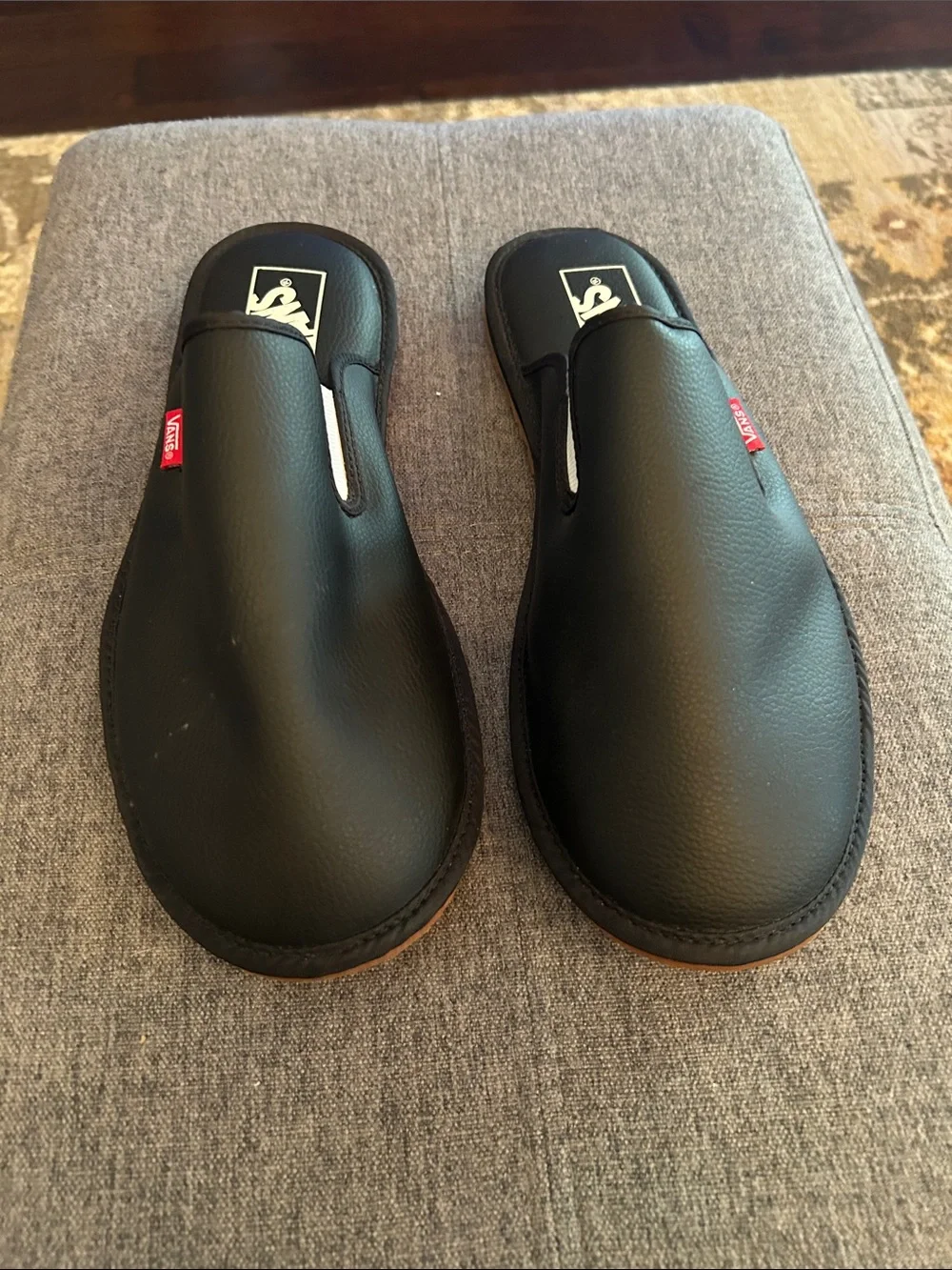 Vans Black Slip-On Leather Mules with Red Logo Tabs